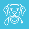 a simple line drawing of a dog with a leash against a blue background