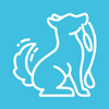 line drawing of a playful dog with a leash on a blue background